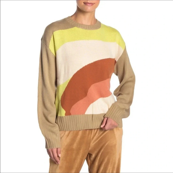 NWT Lush Retro Colorblock Sweater Pullover Striped Tan Large L - Picture 1 of 7